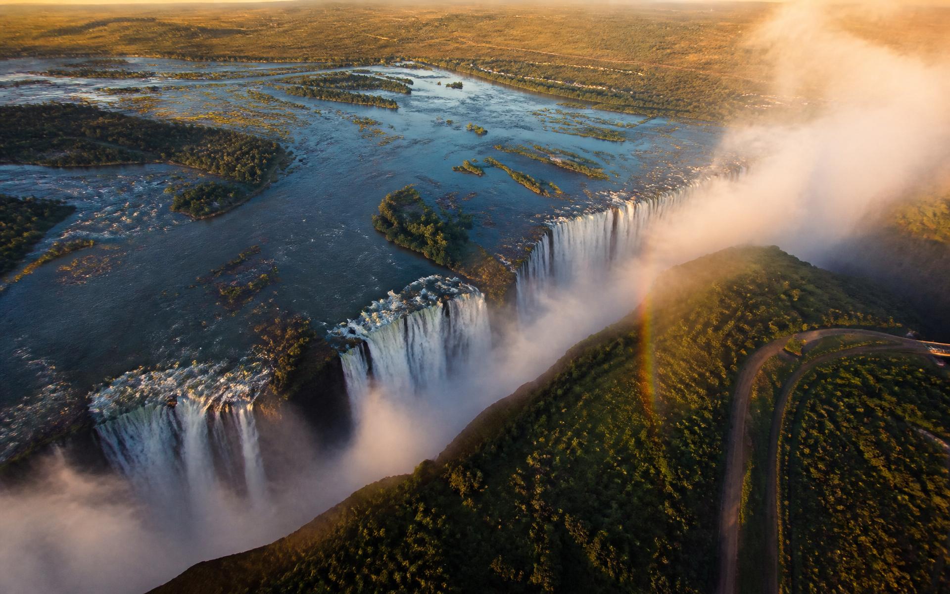 Aerial view of Victoria Falls at golden hour